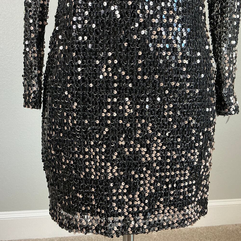 Betsy & Adam Black Sequined Long Sleeve Mini Sheath Cocktail Dress Size 4 LBD - Picture 9 of 13